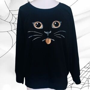 Webs Black Sweatshirt Women Large Cat Kitty Top Long Sleeves Glitter Gold Eyes